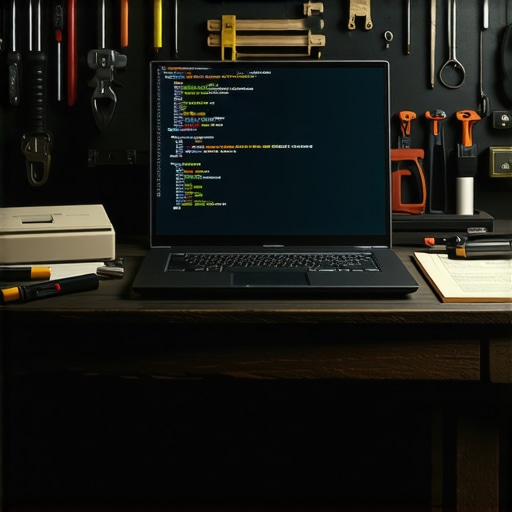 Kompjuterski kod i majstorski alati na stolu prikazuju spoj zanata i tehnologije za AEO strategiju.