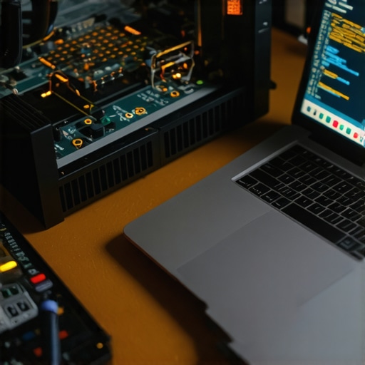 Rastavljeni ruter na radnom stolu sa laptopom koji prikazuje AI algoritme