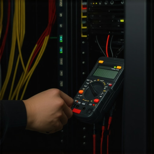 Čovjek sa multimetrom provjerava servere u mračnoj radionici