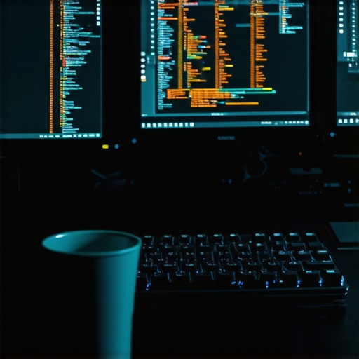 Close-up of a developer's desk with code on screen and coffee